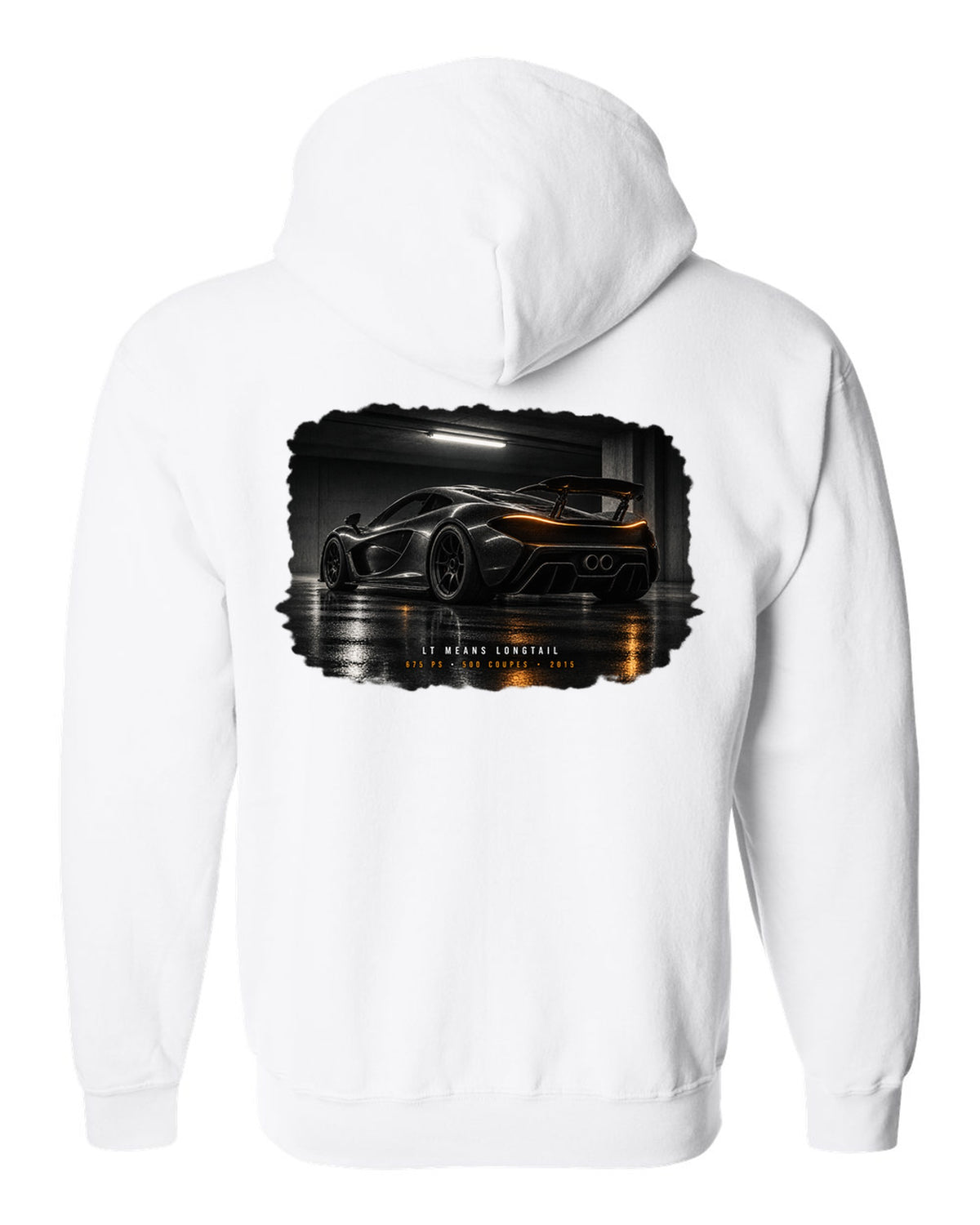 Garage night print of a 2015 McLaren 675LT with Longtail and 500 coupes text white zip hoodie back view with the design