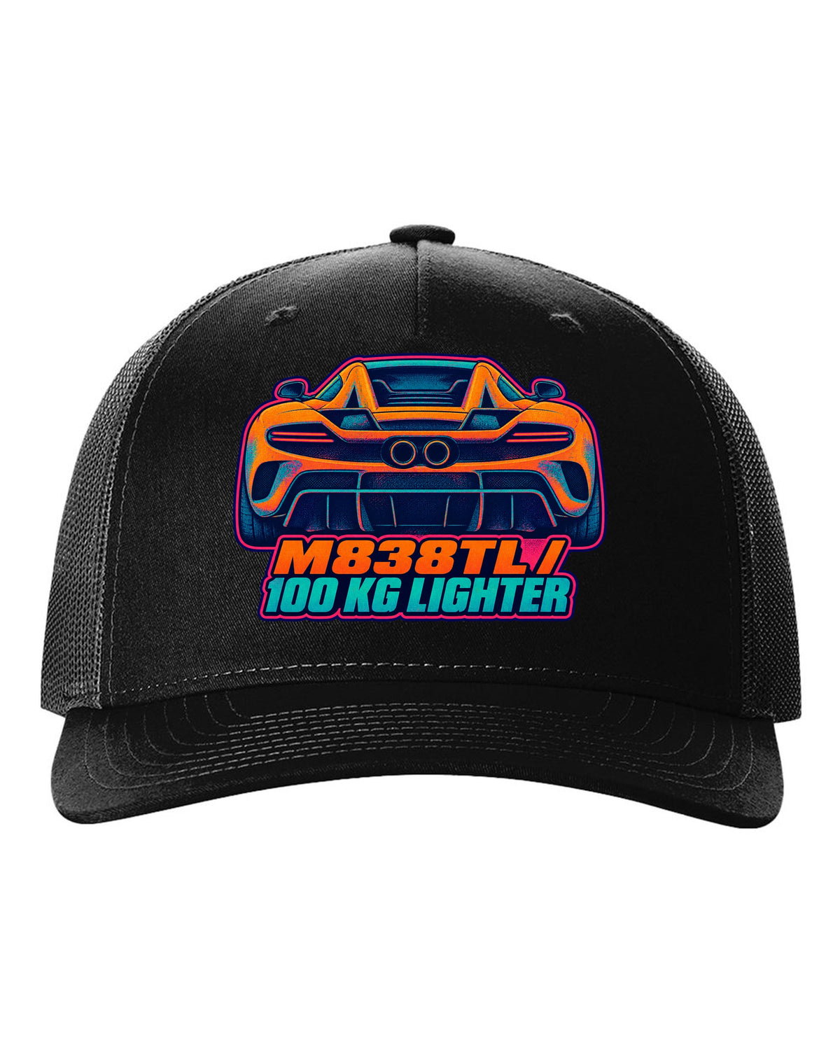 Risograph spot colour print of the McLaren 675LT flying buttress with M838TL and 100 kg Lighter lettering black hat front view with the design