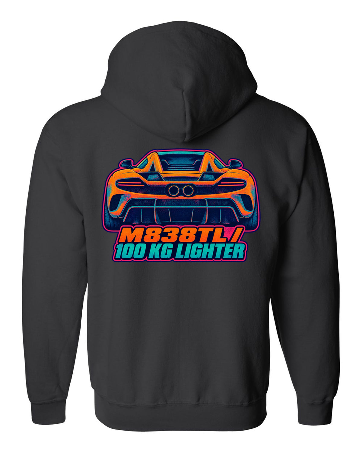Risograph spot colour print of the McLaren 675LT flying buttress with M838TL and 100 kg Lighter lettering black zip hoodie back view with the design