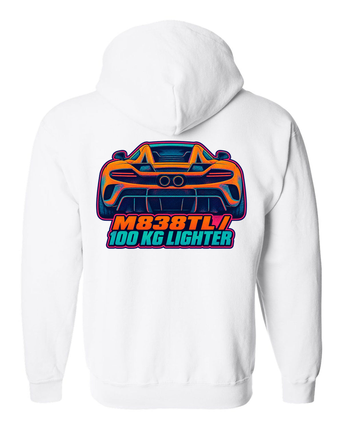 Risograph spot colour print of the McLaren 675LT flying buttress with M838TL and 100 kg Lighter lettering white zip hoodie back view with the design