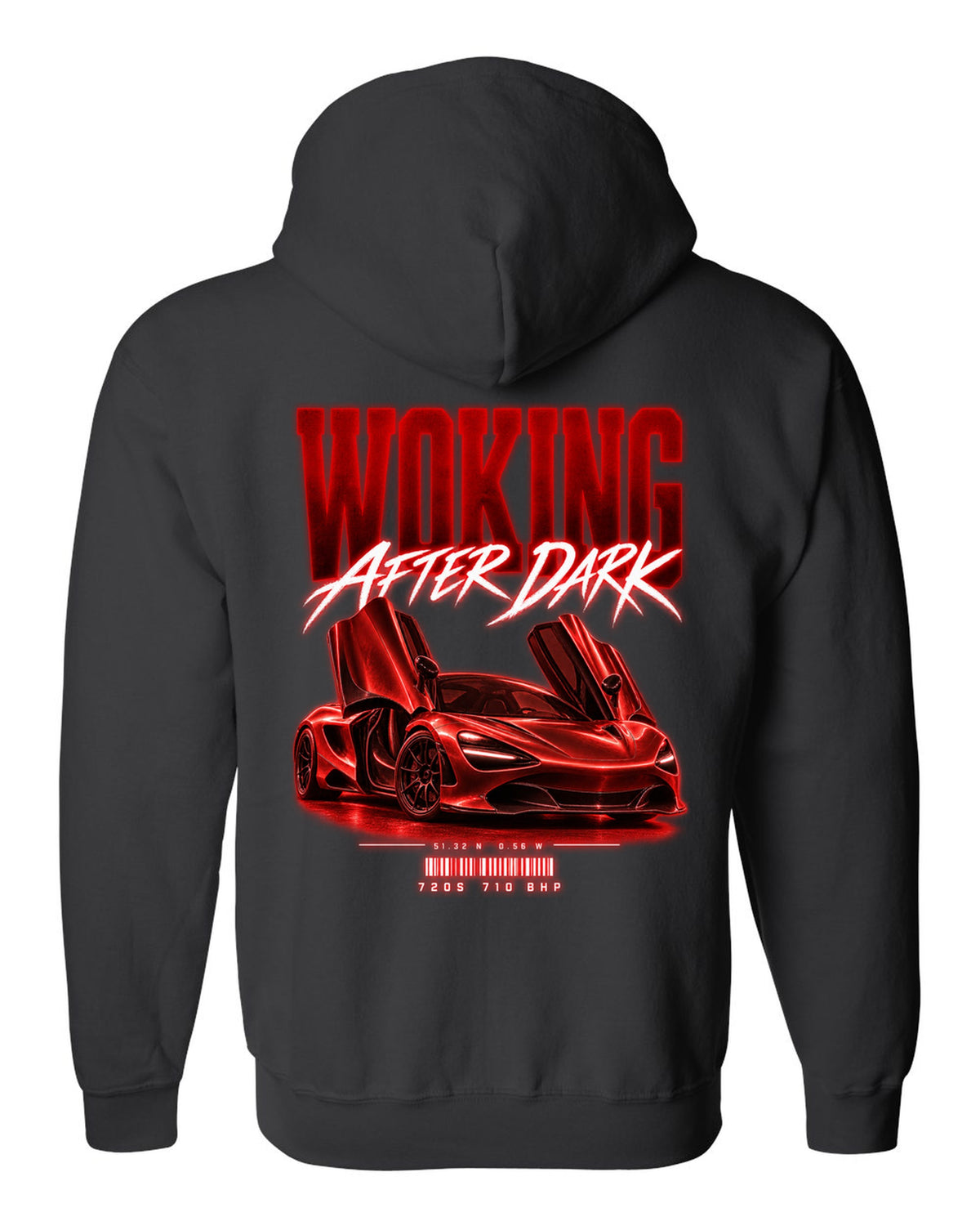 Street poster print of a 2017 McLaren 720S at night with Woking after dark text black zip hoodie back view with the design