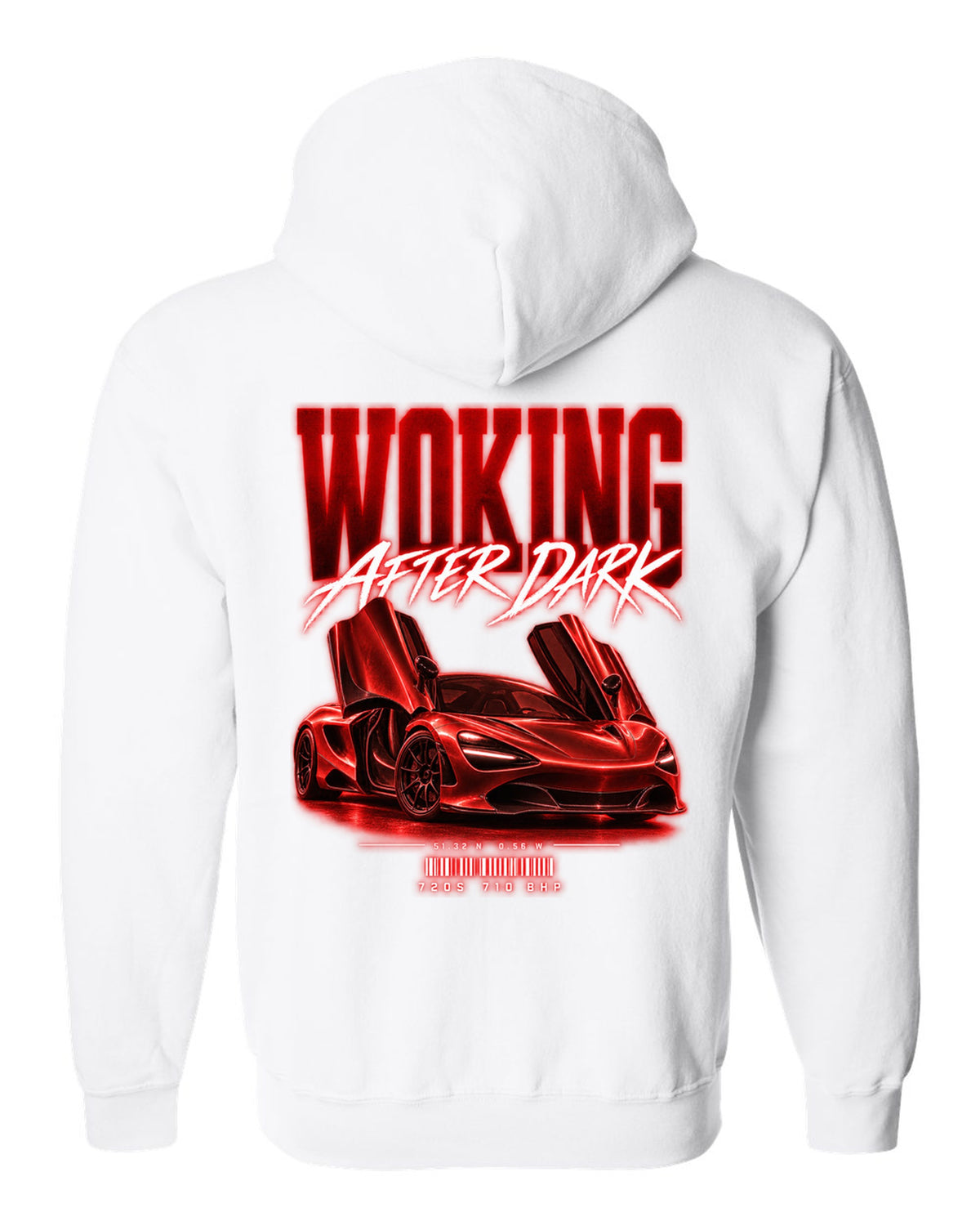 Street poster print of a 2017 McLaren 720S at night with Woking after dark text white zip hoodie back view with the design