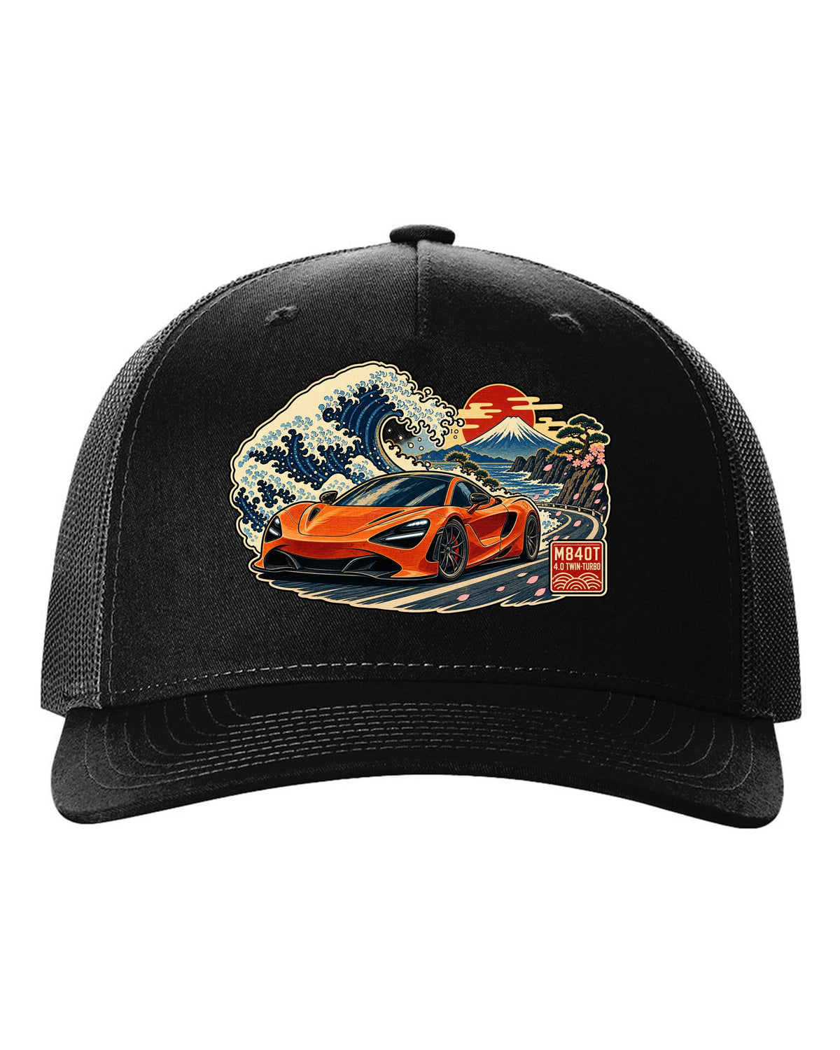 Ukiyo-e woodblock wave print of a McLaren 720S with M840T and 4.0 Twin-Turbo lettering black hat front view with the design