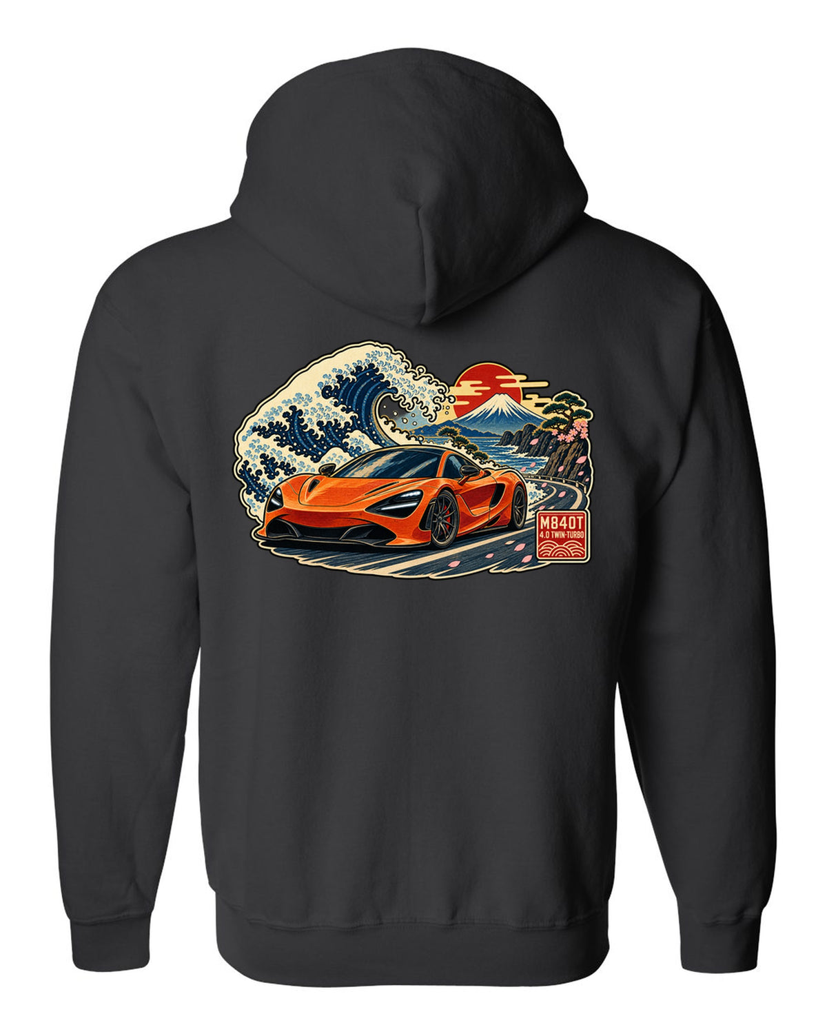 Ukiyo-e woodblock wave print of a McLaren 720S with M840T and 4.0 Twin-Turbo lettering black zip hoodie back view with the design