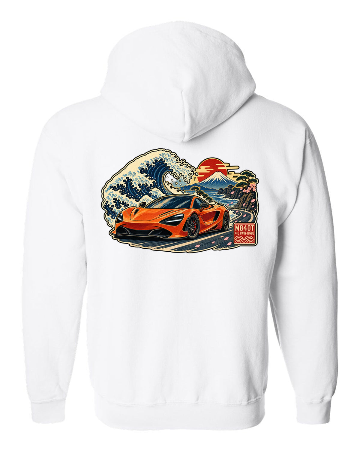 Ukiyo-e woodblock wave print of a McLaren 720S with M840T and 4.0 Twin-Turbo lettering white zip hoodie back view with the design