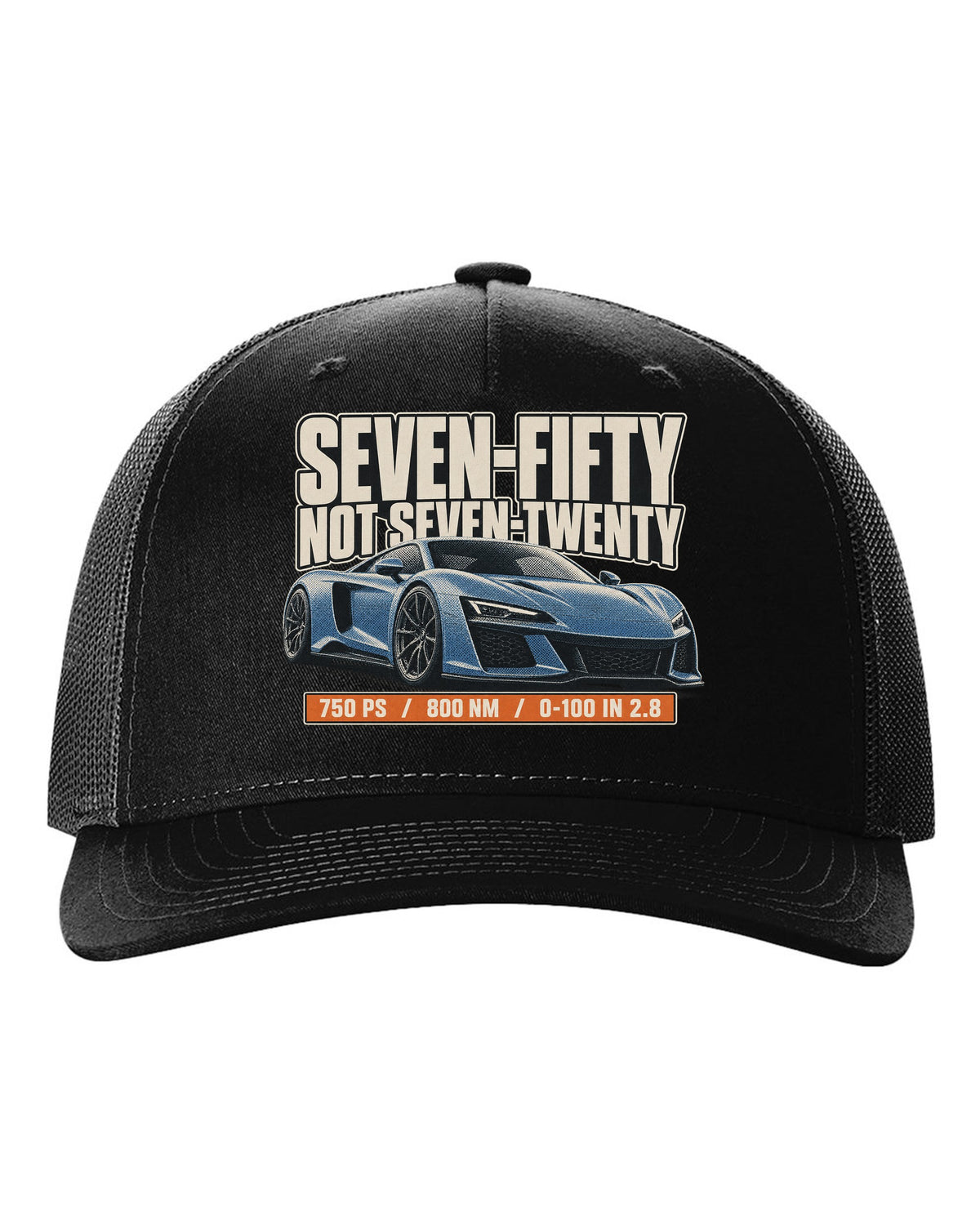 Halftone print of a McLaren 750S with the text seven-fifty not seven-twenty black hat front view with the design