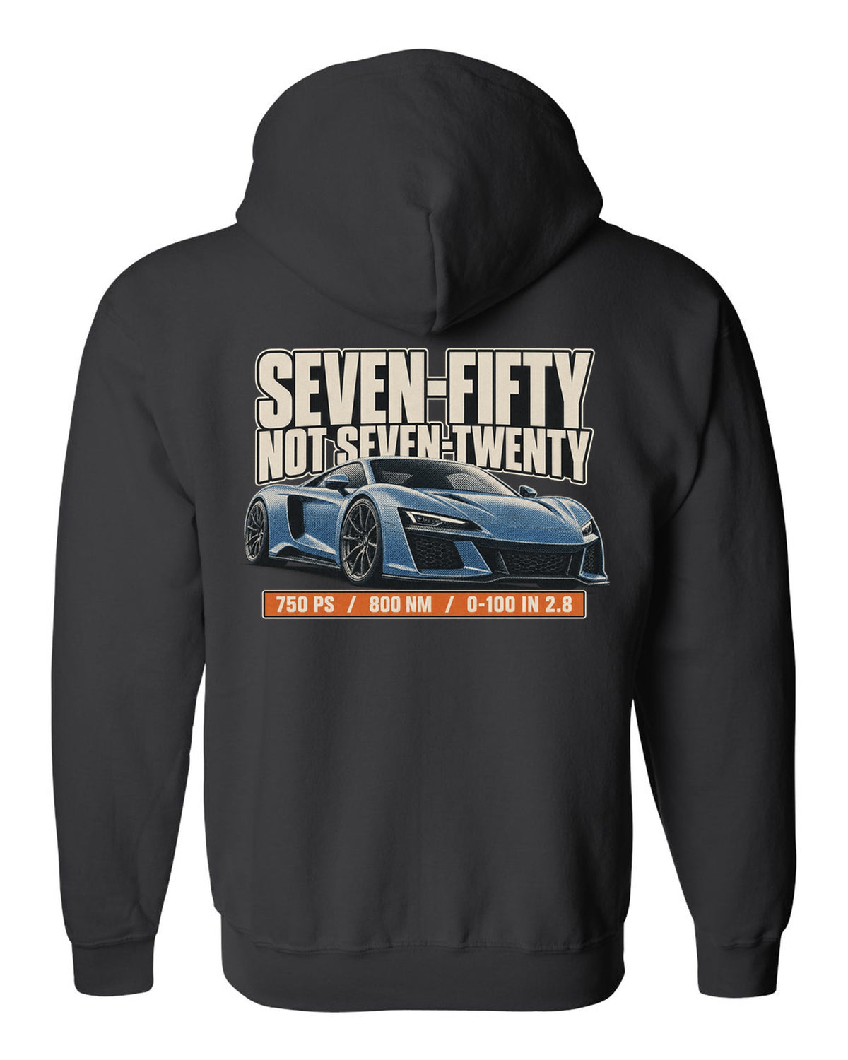 Halftone print of a McLaren 750S with the text seven-fifty not seven-twenty black zip hoodie back view with the design