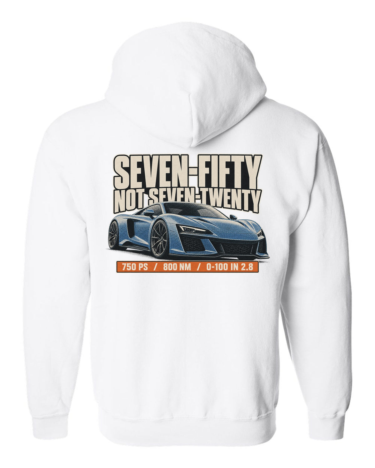 Halftone print of a McLaren 750S with the text seven-fifty not seven-twenty white zip hoodie back view with the design