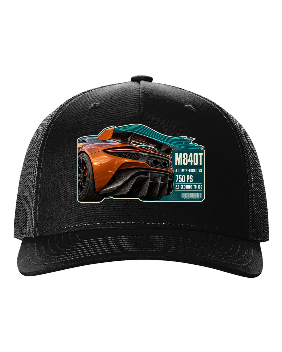 print taillight close-up of a McLaren 750S in burnt orange black hat front view with the design