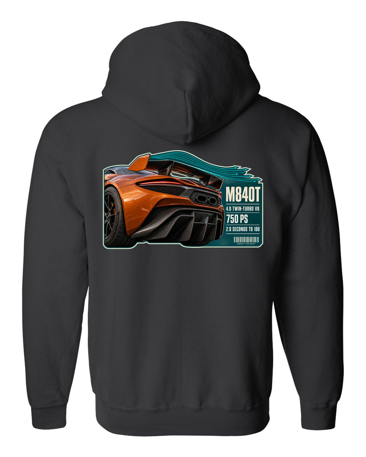 print taillight close-up of a McLaren 750S in burnt orange black zip hoodie back view with the design
