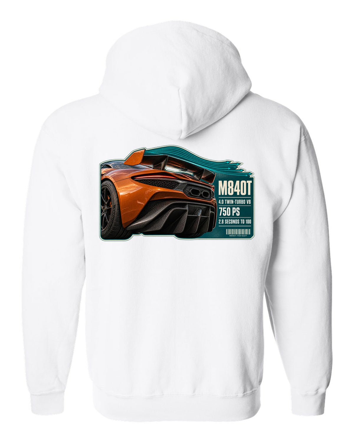 print taillight close-up of a McLaren 750S in burnt orange white zip hoodie back view with the design