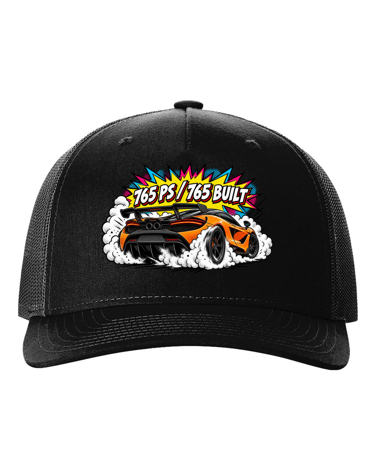 Comic halftone pop-art print of a McLaren 765LT burnout with 765 PS and 765 Built lettering black hat front view with the design