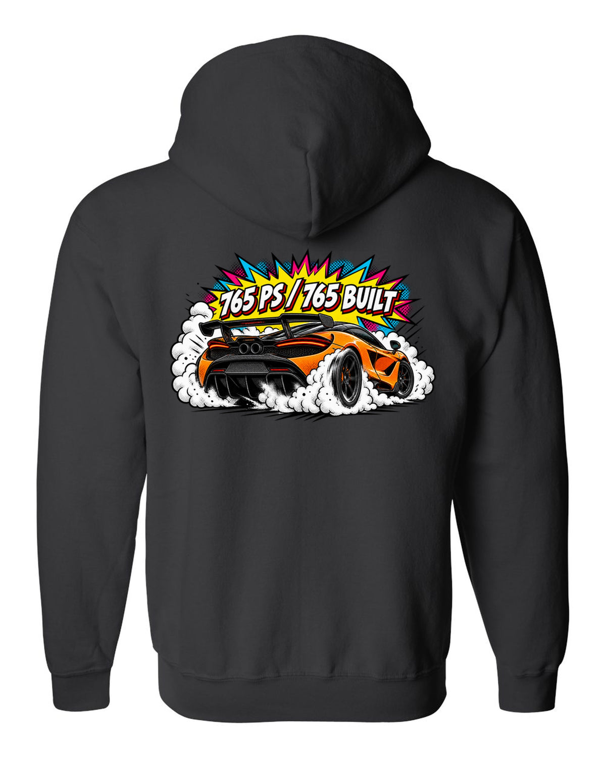 Comic halftone pop-art print of a McLaren 765LT burnout with 765 PS and 765 Built lettering black zip hoodie back view with the design