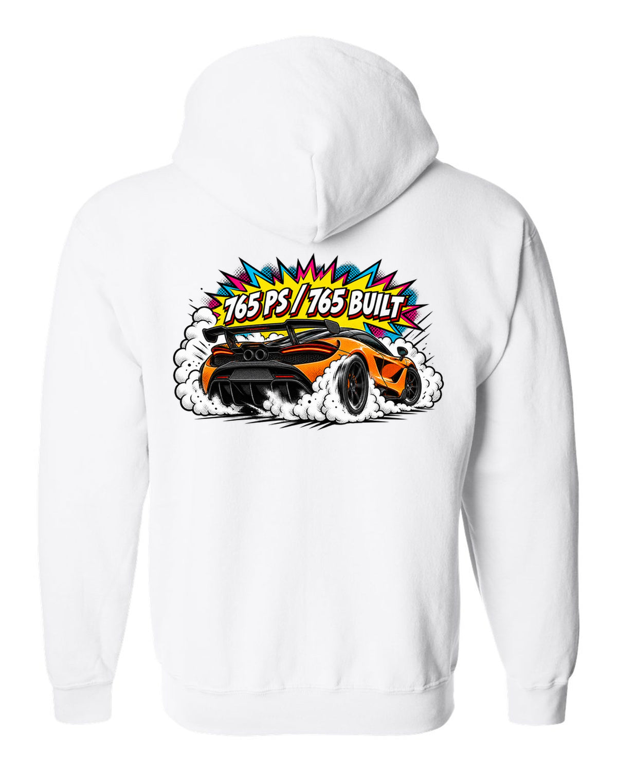Comic halftone pop-art print of a McLaren 765LT burnout with 765 PS and 765 Built lettering white zip hoodie back view with the design