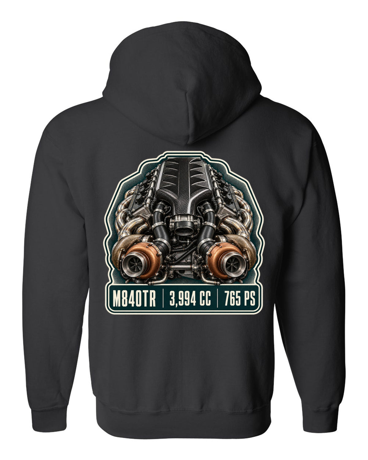Engine hero print of the McLaren 765LT M840TR V8 black zip hoodie back view with the design