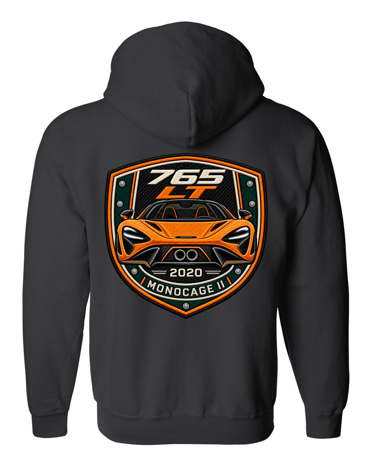 Embroidery varsity crest print for the McLaren 765LT with 765 LT 2020 Monocage II lettering black zip hoodie back view with the design