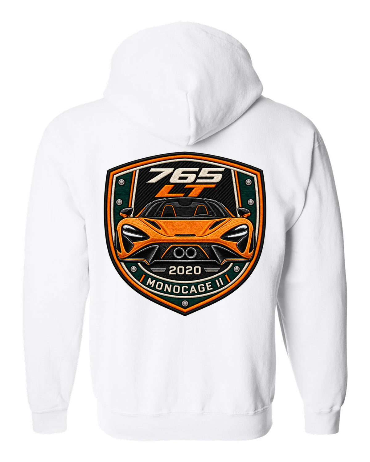 Embroidery varsity crest print for the McLaren 765LT with 765 LT 2020 Monocage II lettering white zip hoodie back view with the design