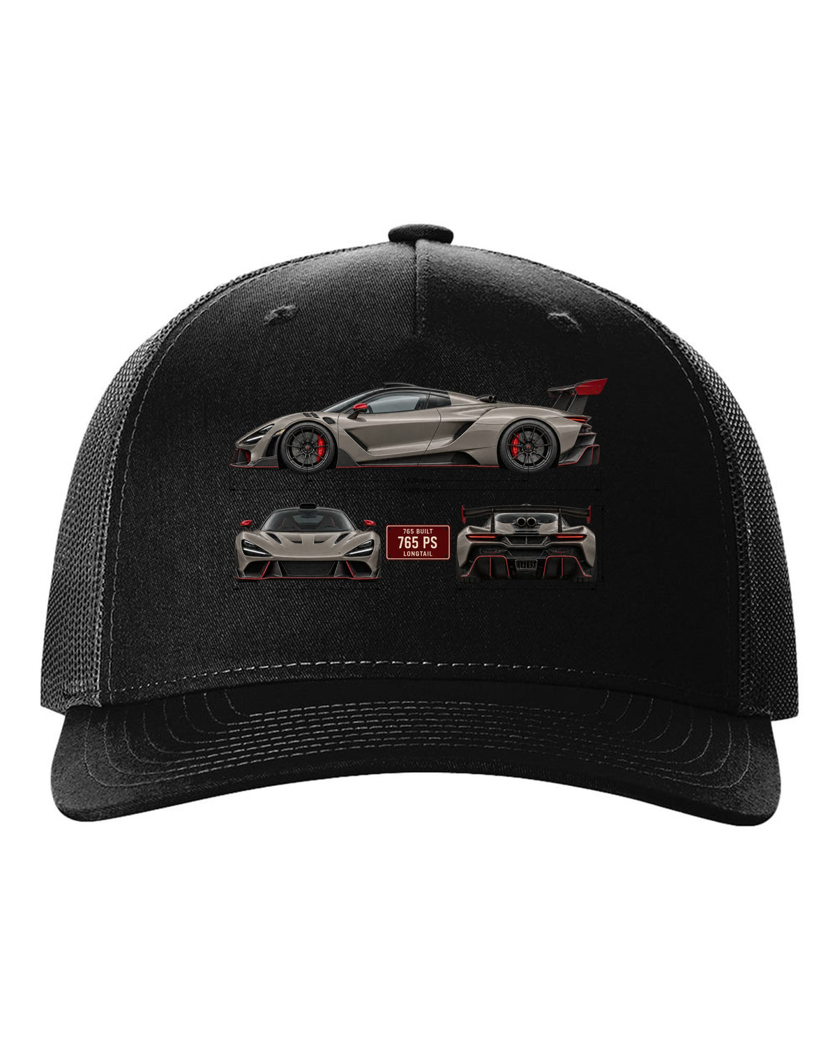 Three-view spec print of a McLaren 765LT, 765 built, 765 PS black hat front view with the design