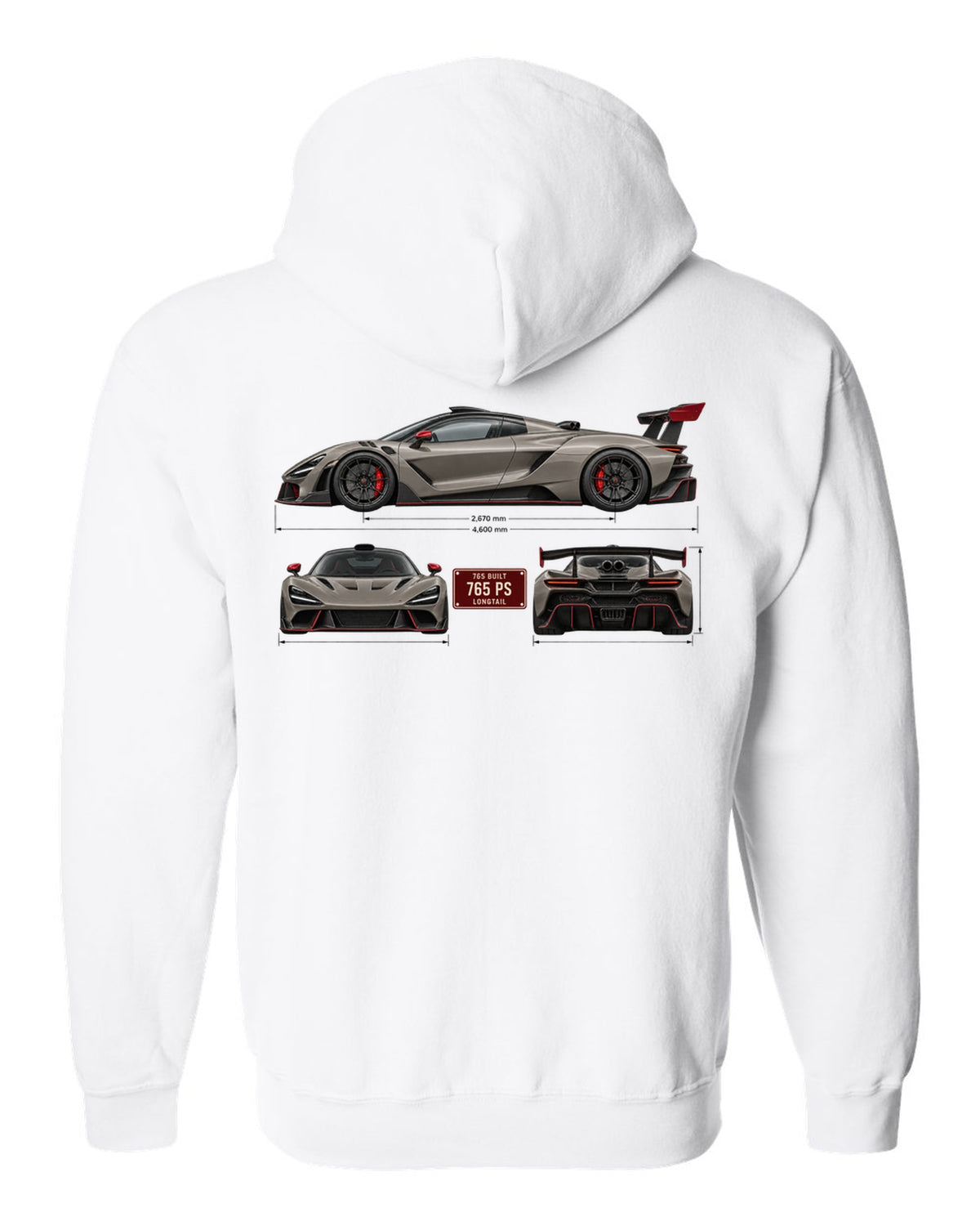 Three-view spec print of a McLaren 765LT, 765 built, 765 PS white zip hoodie back view with the design