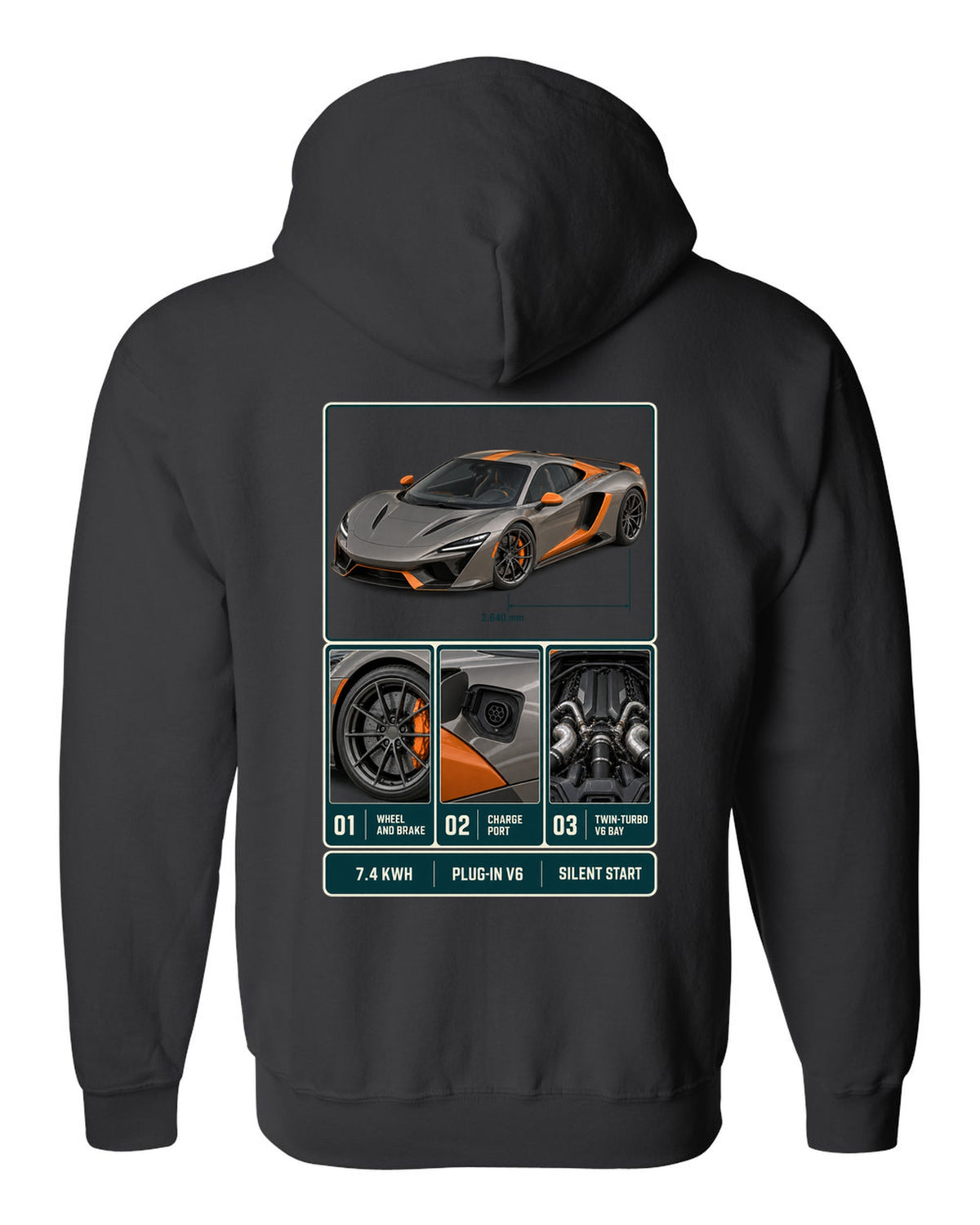 McLaren Artura dossier panel print with 7.4 kWh, plug-in V6 and silent start black zip hoodie back view with the design