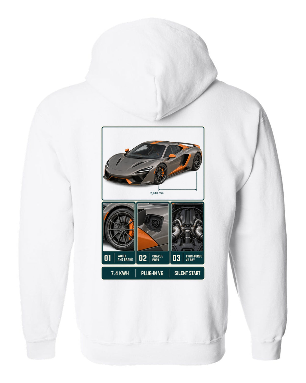 McLaren Artura dossier panel print with 7.4 kWh, plug-in V6 and silent start white zip hoodie back view with the design