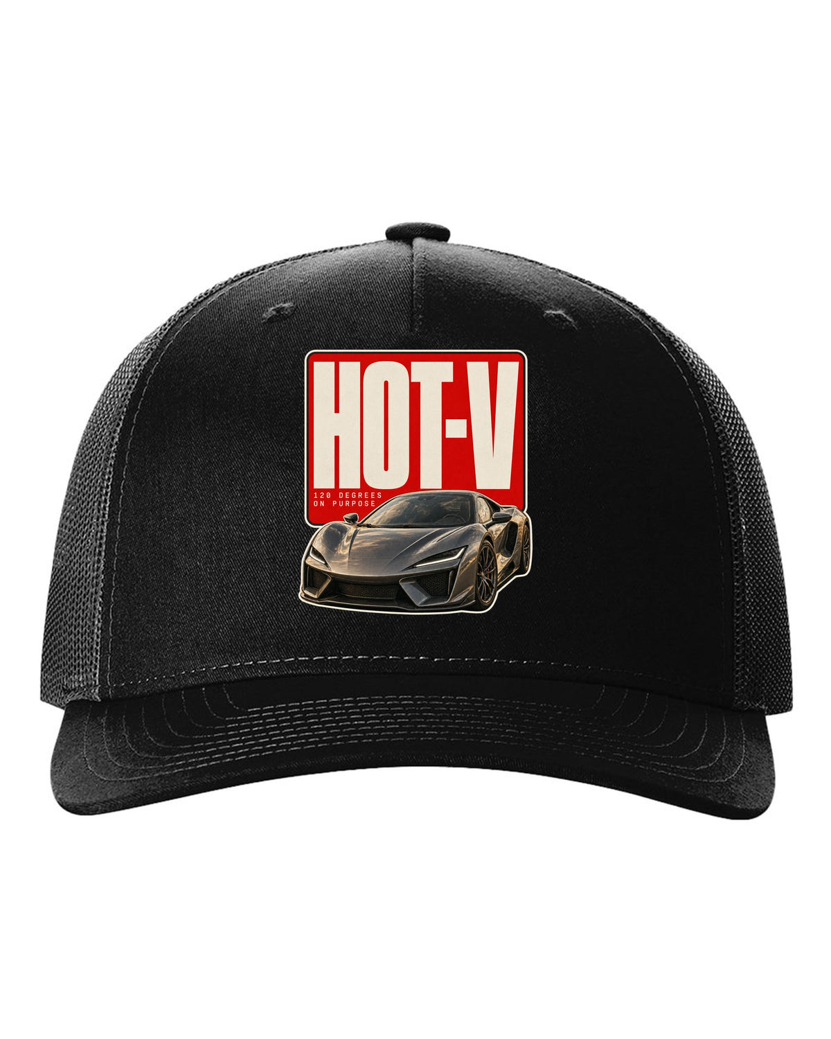Editorial headline print of a McLaren Artura with hot-V 120 degree text black hat front view with the design