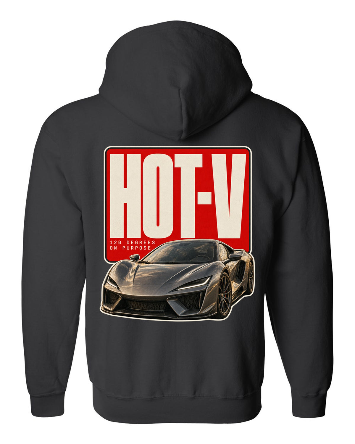 Editorial headline print of a McLaren Artura with hot-V 120 degree text black zip hoodie back view with the design
