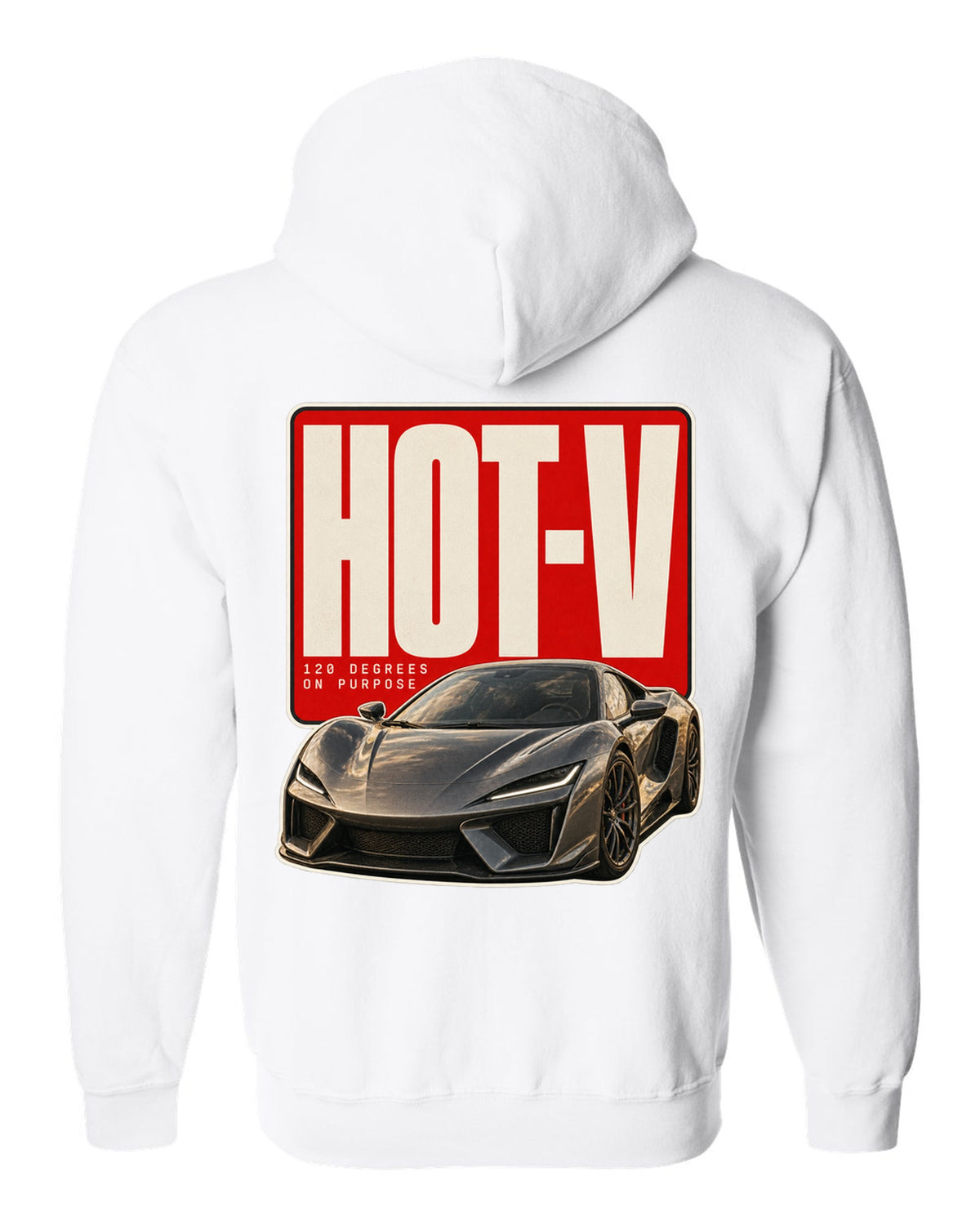 Editorial headline print of a McLaren Artura with hot-V 120 degree text white zip hoodie back view with the design