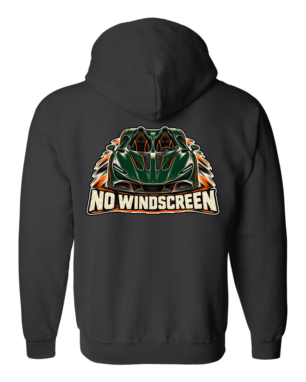 McLaren Elva linocut print with accent colour and NO WINDSCREEN lettering black zip hoodie back view with the design