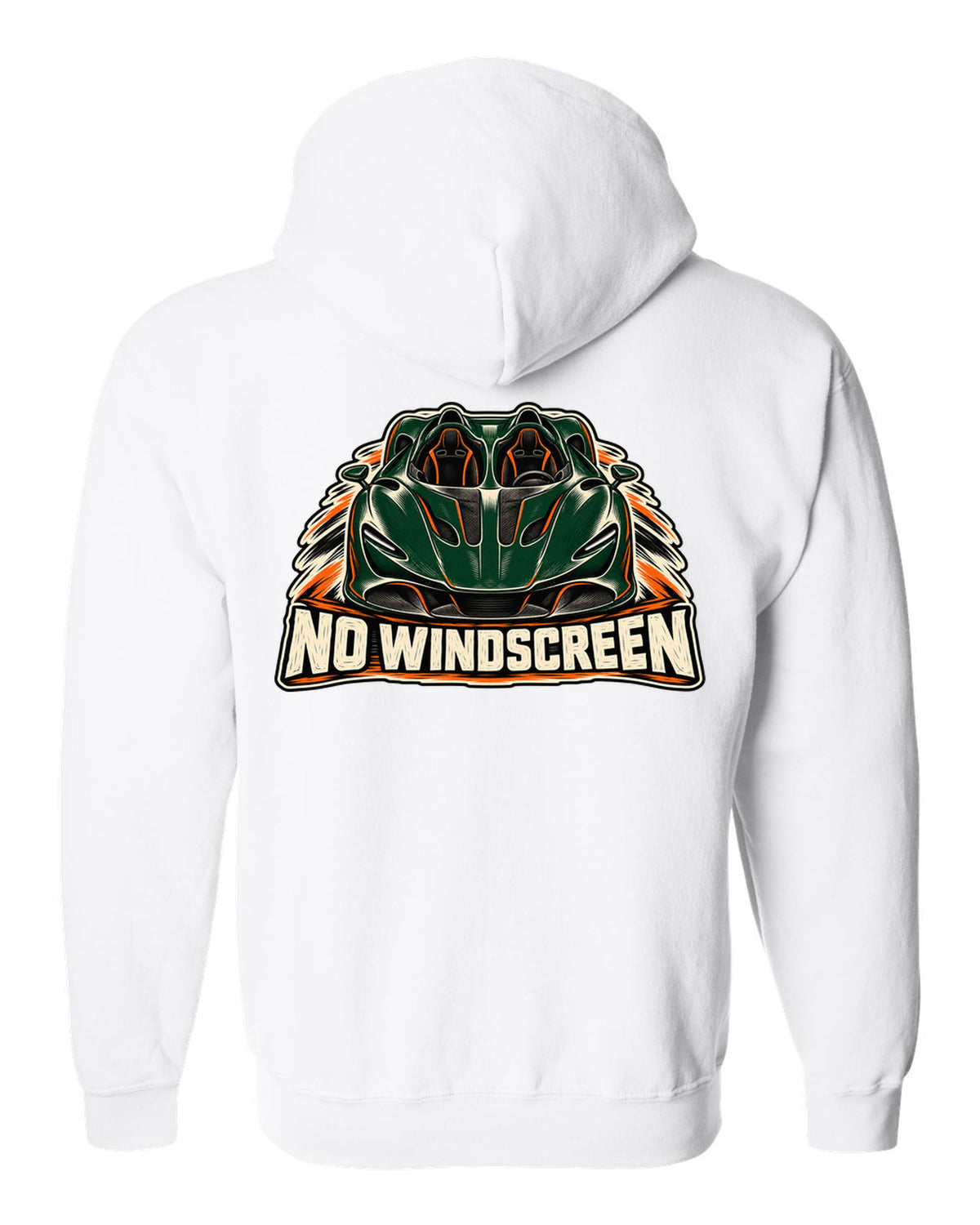 McLaren Elva linocut print with accent colour and NO WINDSCREEN lettering white zip hoodie back view with the design