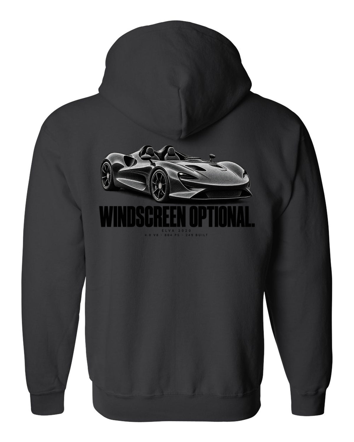 Halftone print of a 2020 McLaren Elva with windscreen optional text and 804 PS black zip hoodie back view with the design