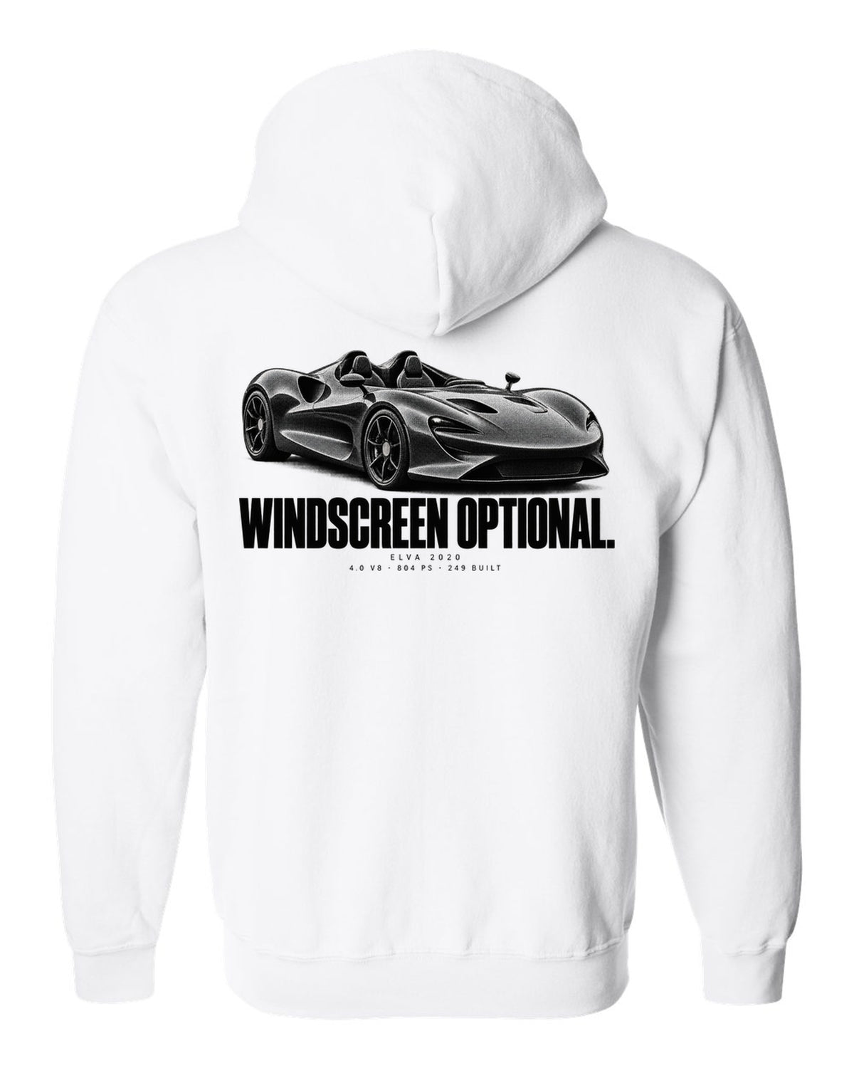 Halftone print of a 2020 McLaren Elva with windscreen optional text and 804 PS white zip hoodie back view with the design