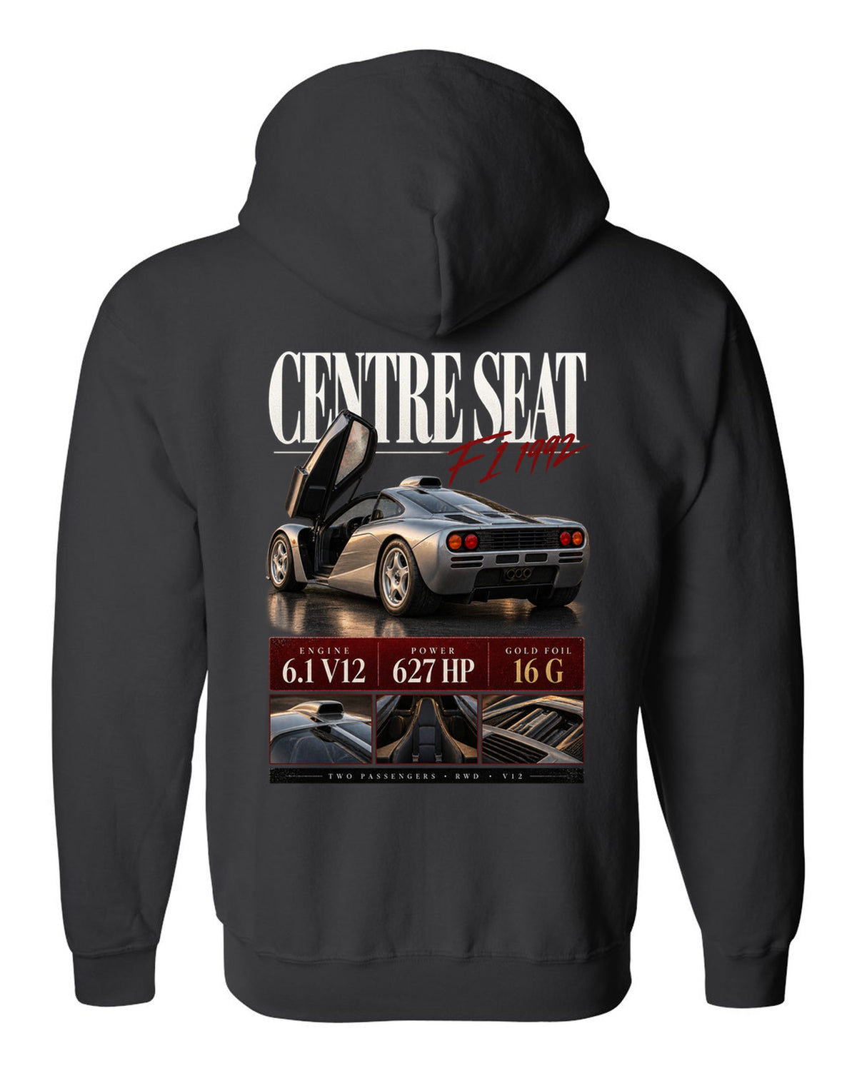 Archive panel print of the 1992 McLaren F1 with centre driving seat and V12 specification text black zip hoodie back view with the design