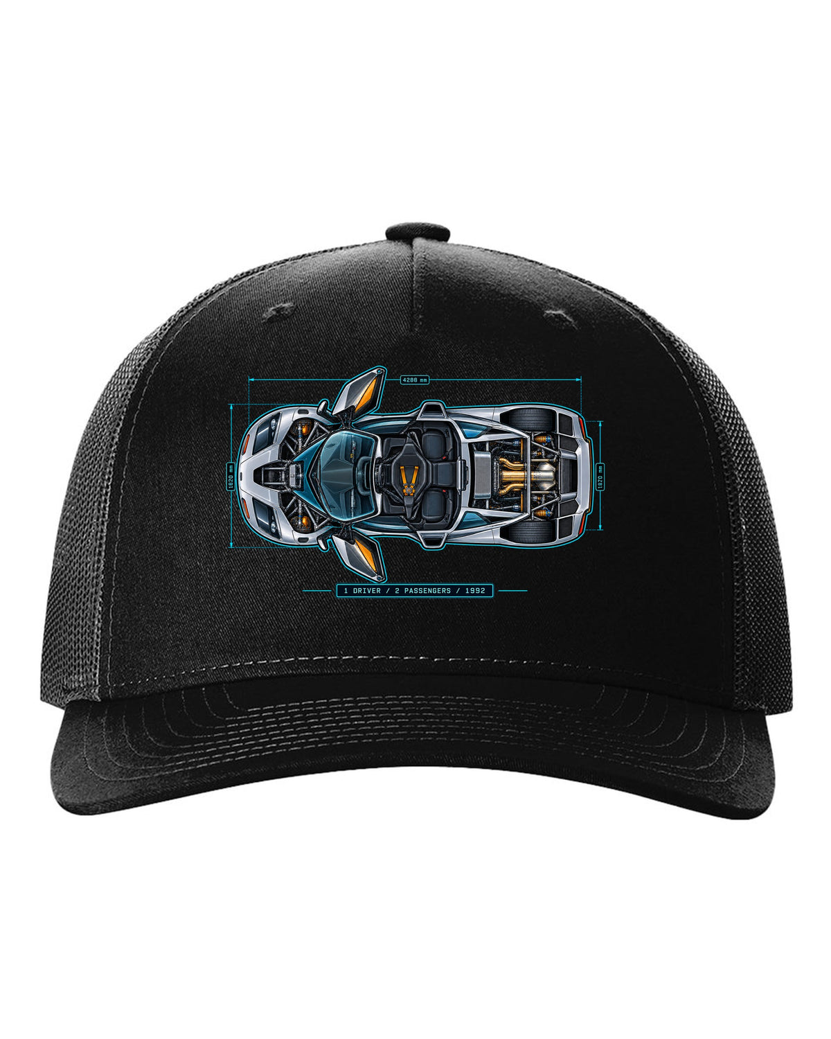 Technical blueprint print of the McLaren F1 with 1 Driver 2 Passengers 1992 lettering black hat front view with the design