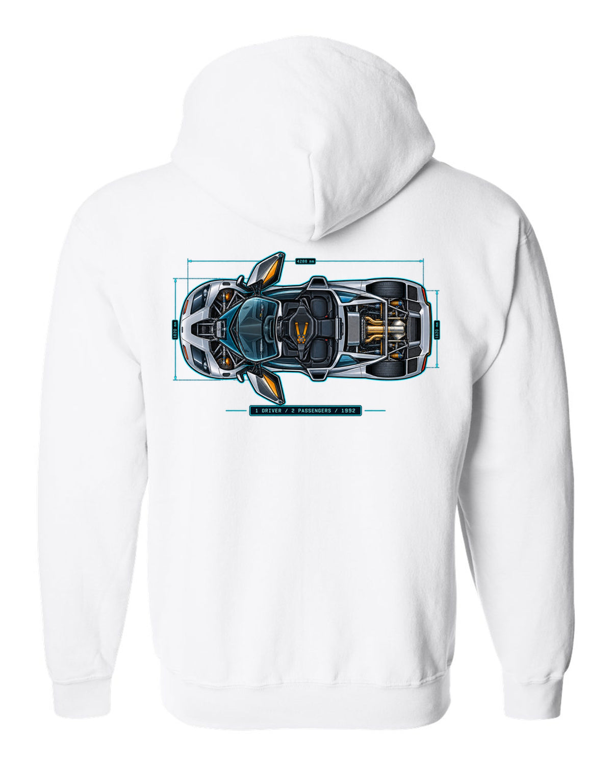 Technical blueprint print of the McLaren F1 with 1 Driver 2 Passengers 1992 lettering white zip hoodie back view with the design