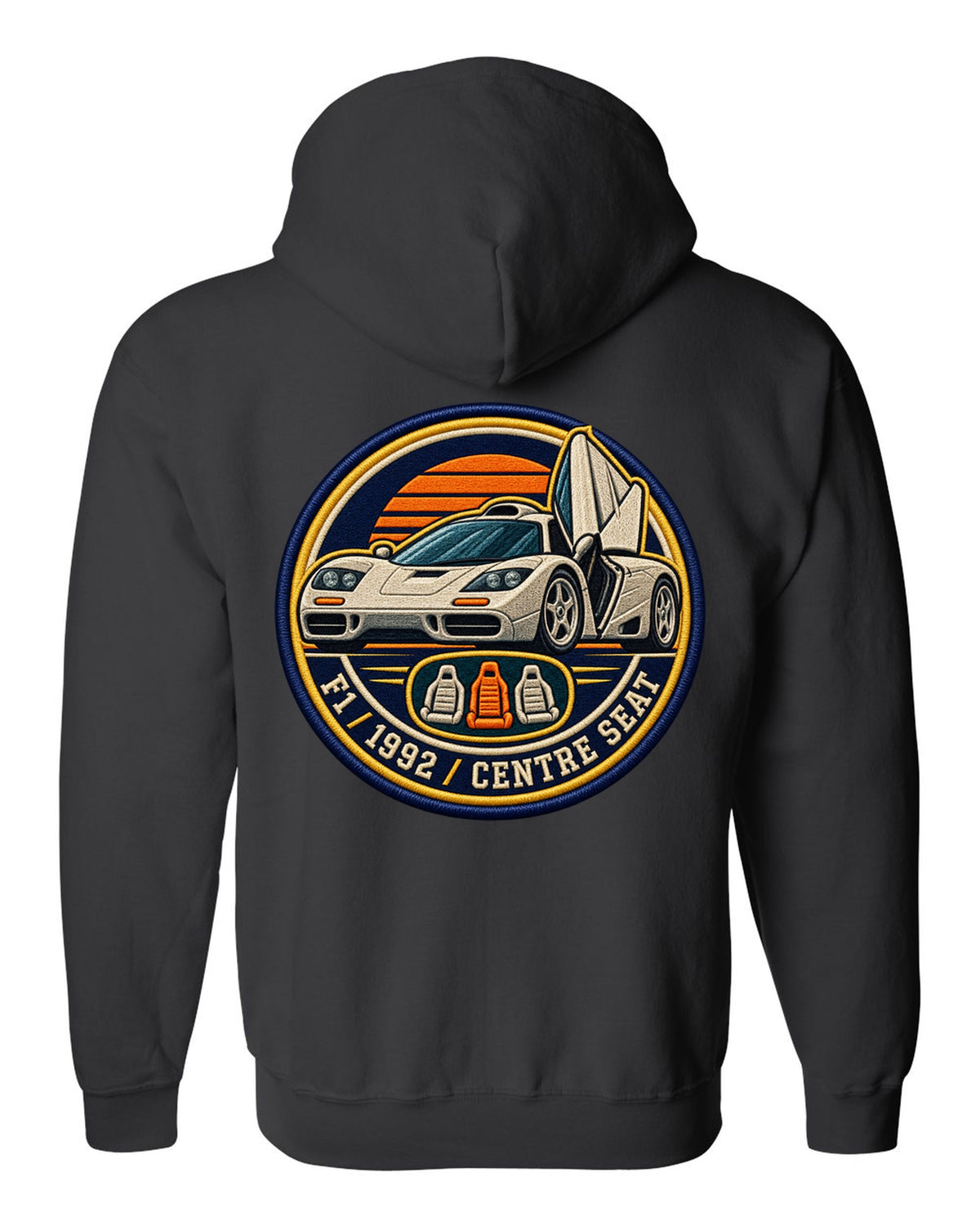 Embroidery varsity crest print for the McLaren F1 with F1, 1992 and Centre Seat lettering black zip hoodie back view with the design