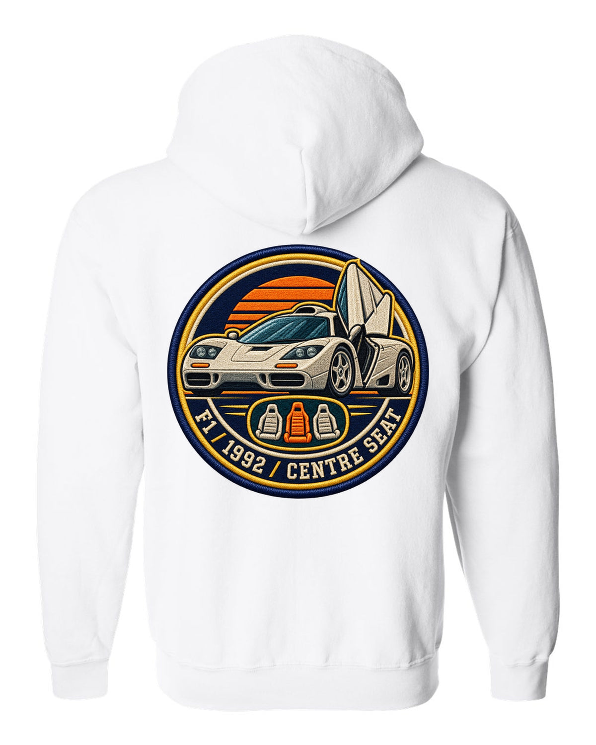 Embroidery varsity crest print for the McLaren F1 with F1, 1992 and Centre Seat lettering white zip hoodie back view with the design