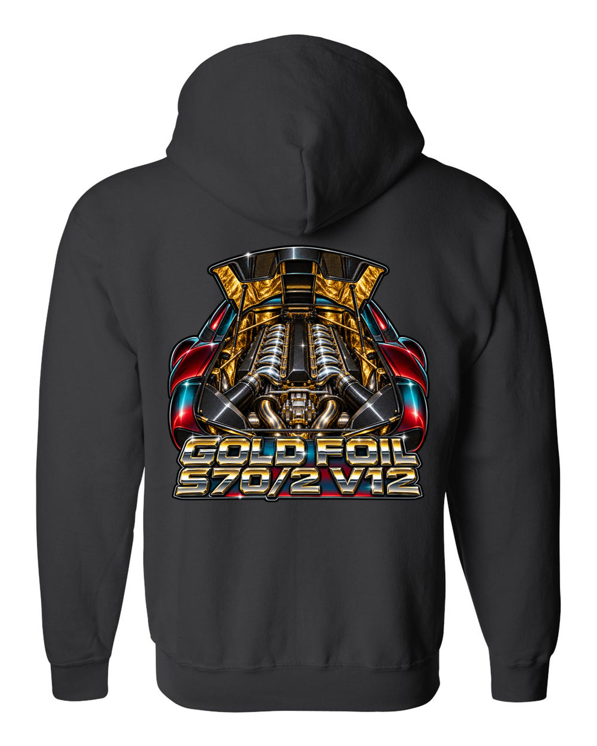 80s airbrush chrome print of the McLaren F1 gold foil engine bay with S70/2 V12 lettering black zip hoodie back view with the design
