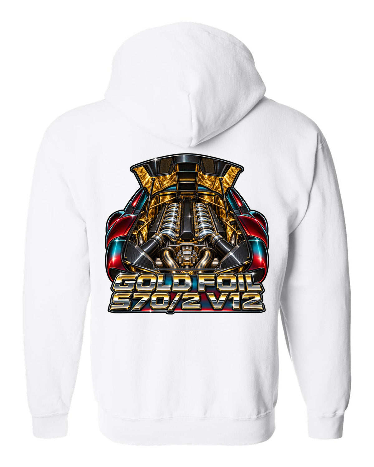 80s airbrush chrome print of the McLaren F1 gold foil engine bay with S70/2 V12 lettering white zip hoodie back view with the design