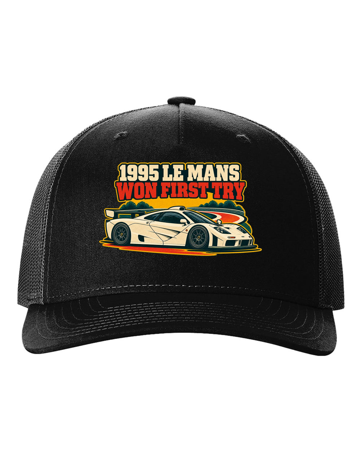 Vintage race poster print of the McLaren F1 GTR with 1995 Le Mans Won First Try lettering black hat front view with the design
