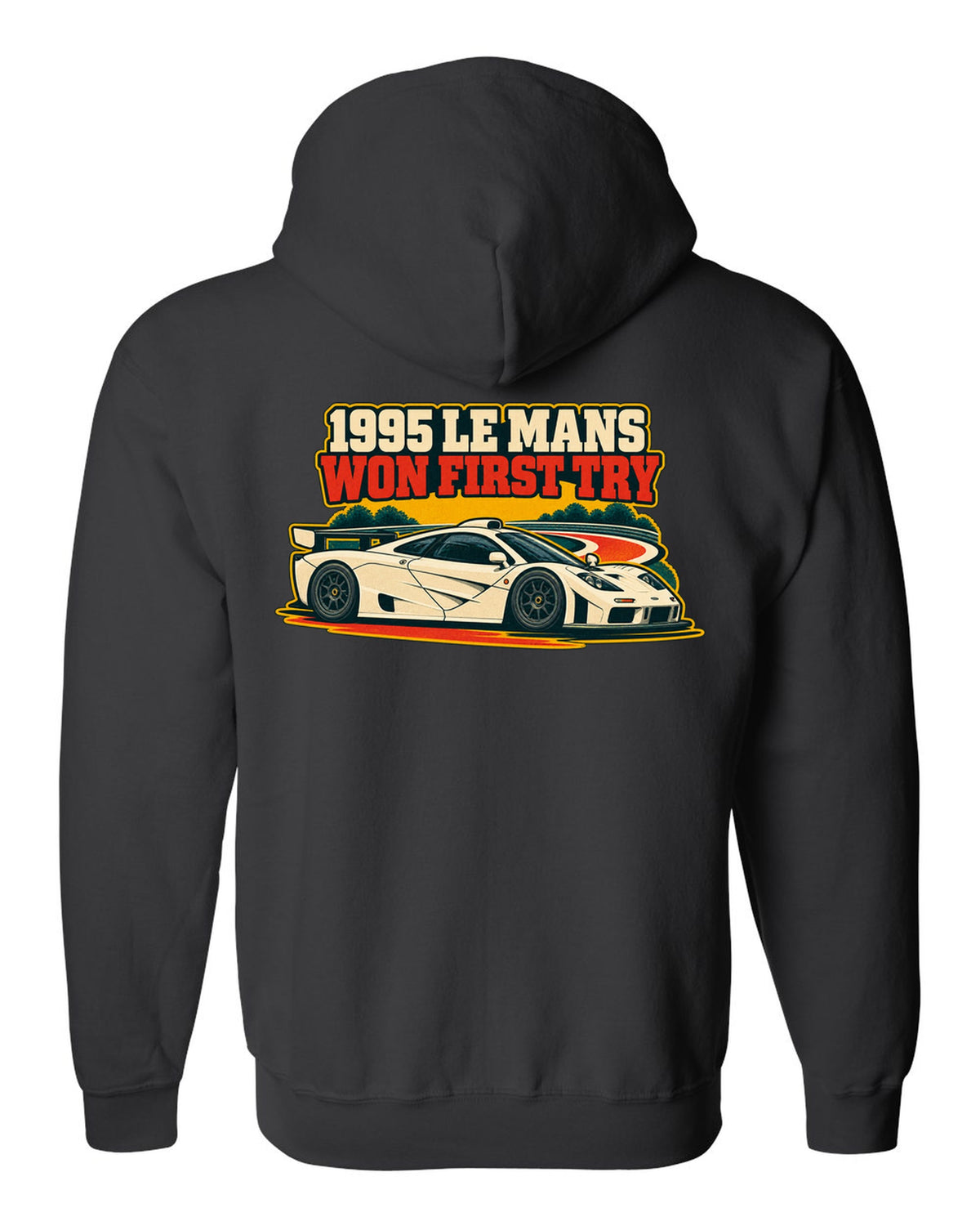 Vintage race poster print of the McLaren F1 GTR with 1995 Le Mans Won First Try lettering black zip hoodie back view with the design