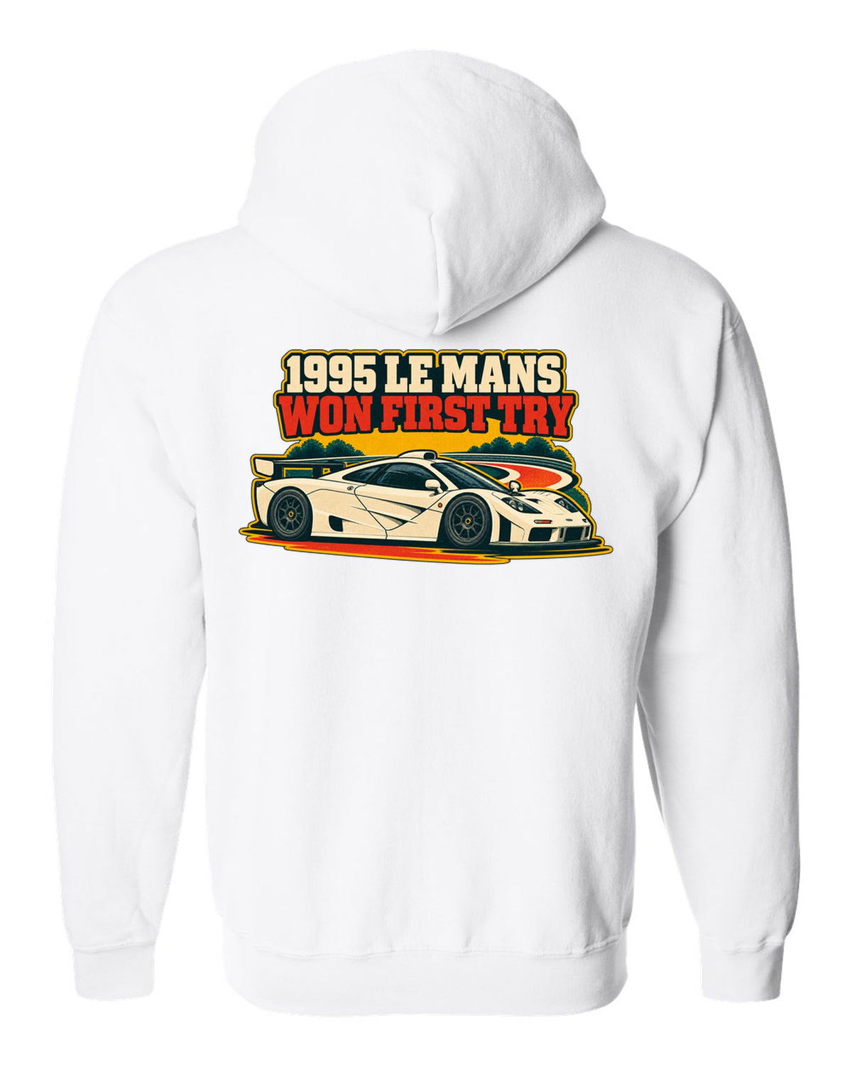 Vintage race poster print of the McLaren F1 GTR with 1995 Le Mans Won First Try lettering white zip hoodie back view with the design