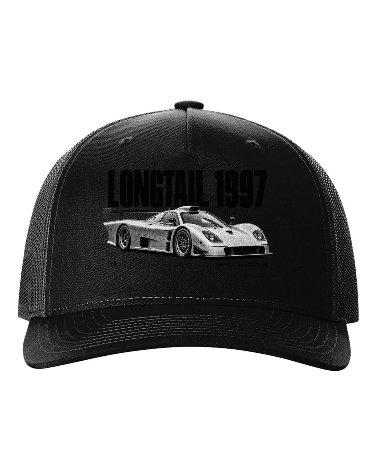Halftone print of a 1997 McLaren F1 GTR Longtail with extended rear bodywork black hat front view with the design