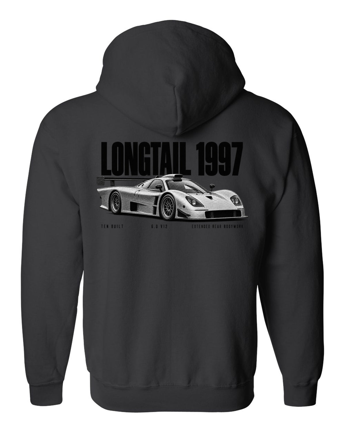 Halftone print of a 1997 McLaren F1 GTR Longtail with extended rear bodywork black zip hoodie back view with the design