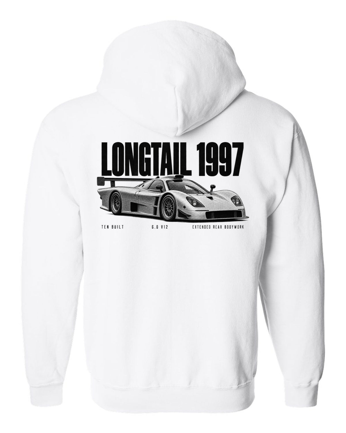 Halftone print of a 1997 McLaren F1 GTR Longtail with extended rear bodywork white zip hoodie back view with the design