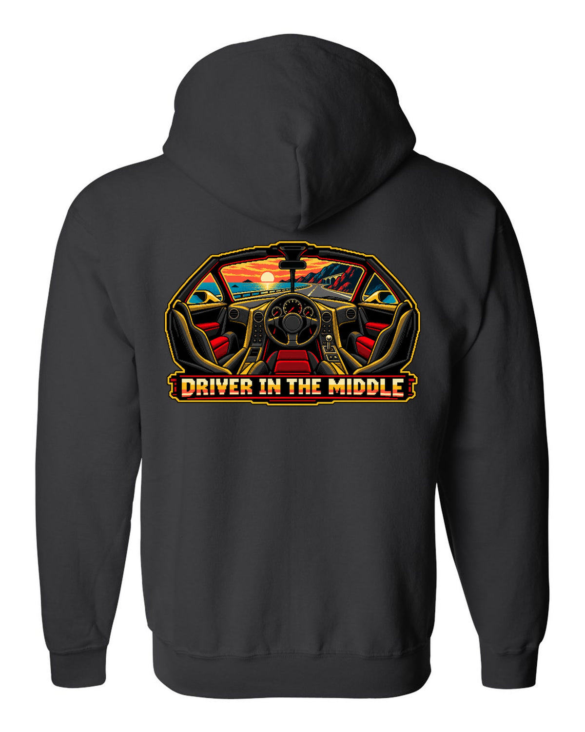 8/16-bit pixel art print of the McLaren F1 with Driver in the Middle lettering black zip hoodie back view with the design
