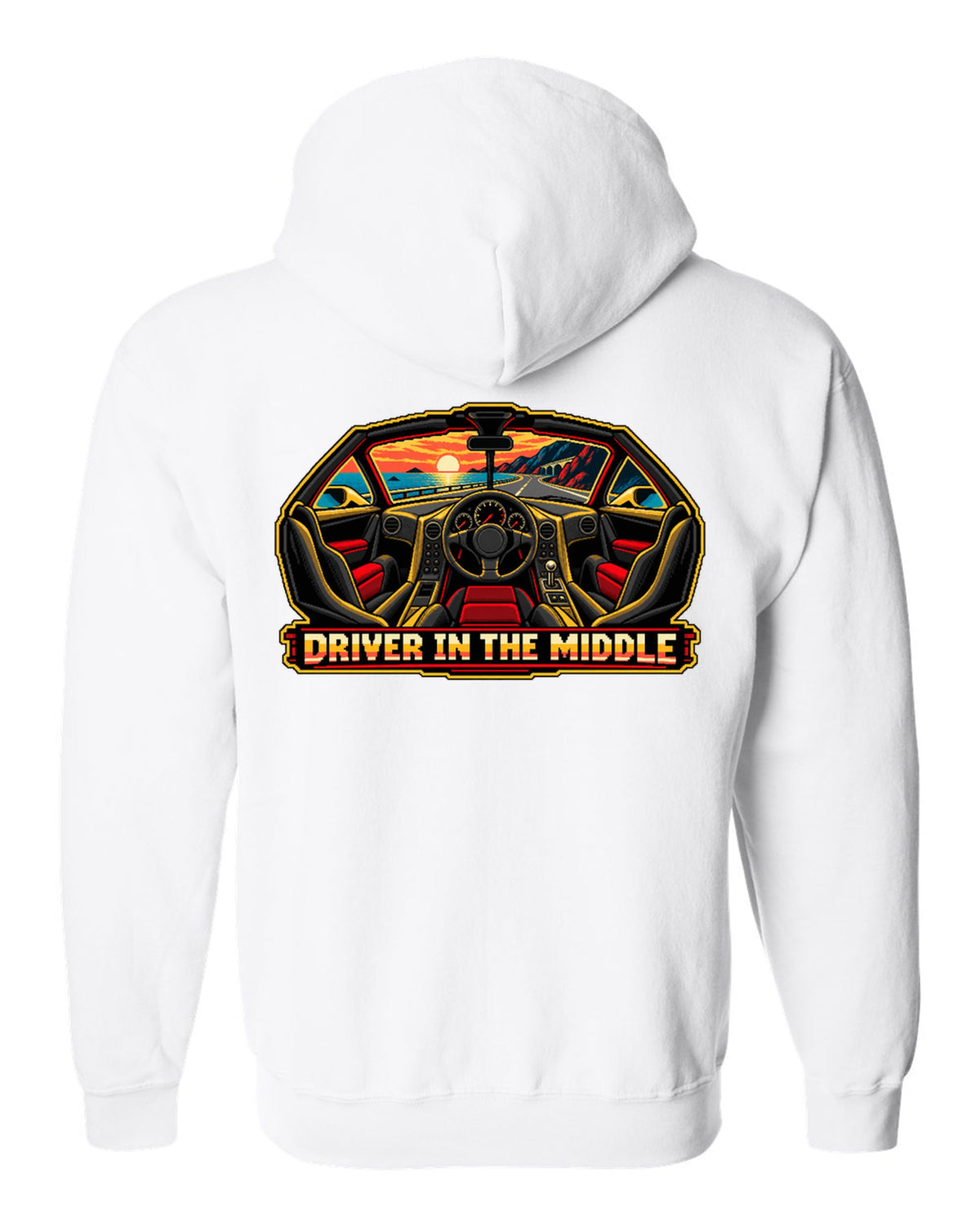 8/16-bit pixel art print of the McLaren F1 with Driver in the Middle lettering white zip hoodie back view with the design