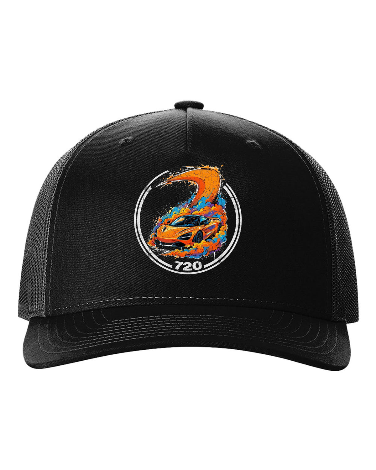 McLaren 720S Papaya black trucker hat front view with the design