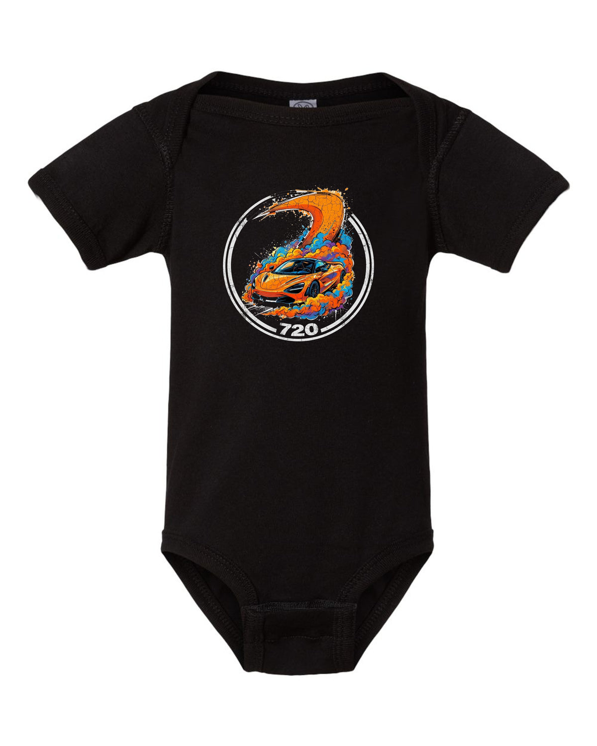 McLaren 720S Papaya black baby onesie front view with the design