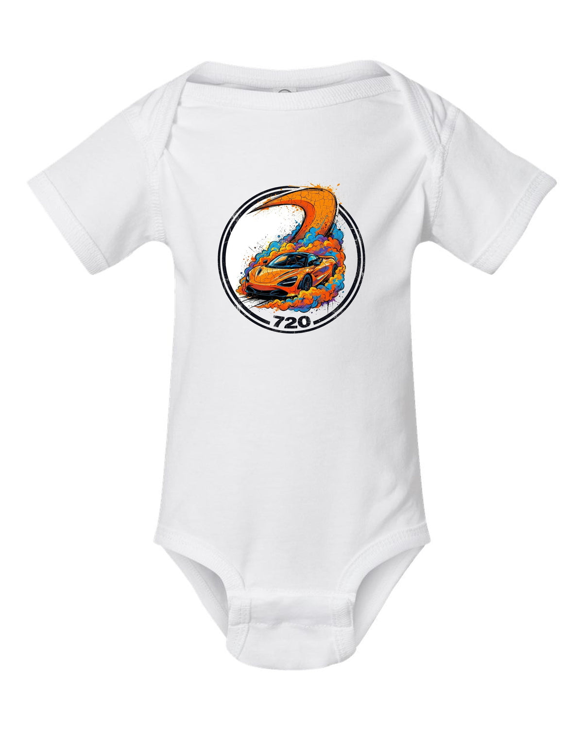 McLaren 720S Papaya white baby onesie front view with the design